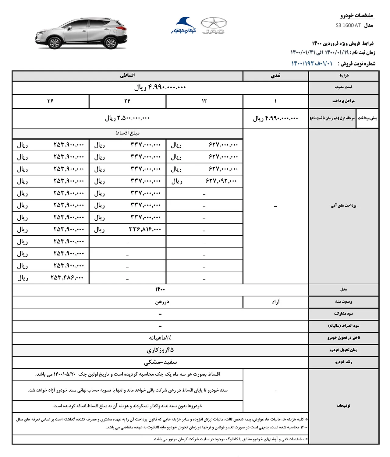 AutomobileFa JAC S3 Sale Plan 19Farvardin1400