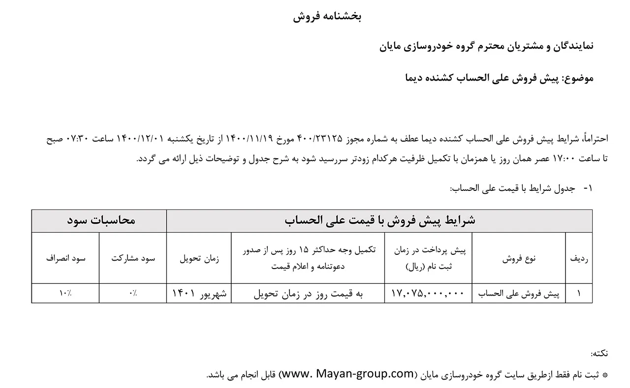 AutomobileFarsi Mayan Dima Presale terms
